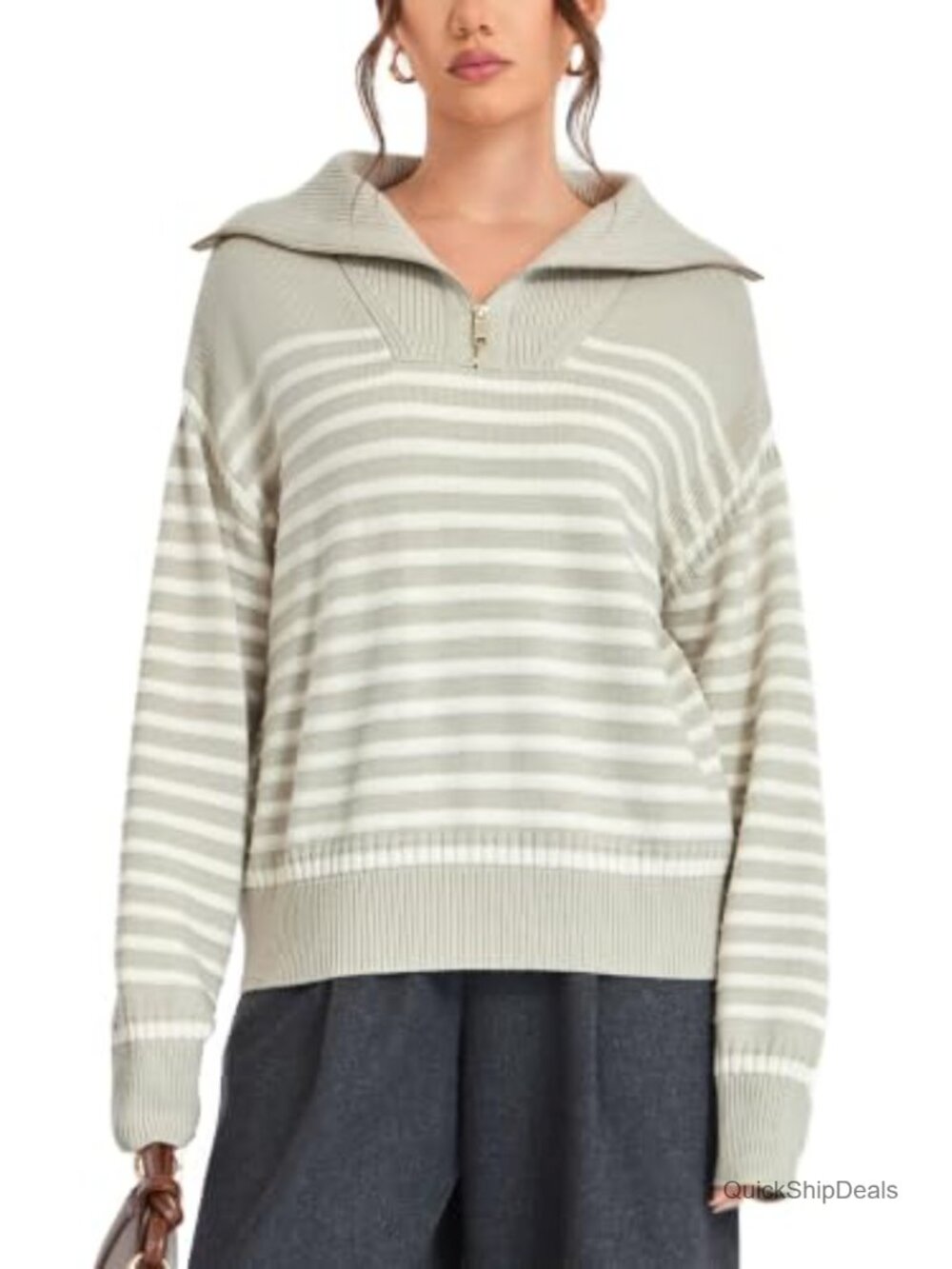 Wool Blend Quarter Zip Sweater Collared Pullover Long Sleeve